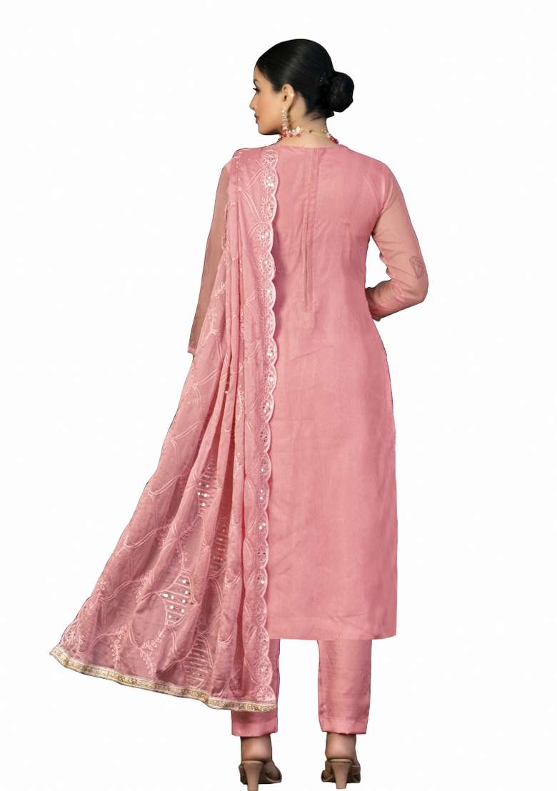 Peach Printed Organza Straight Kurta Set - Indya