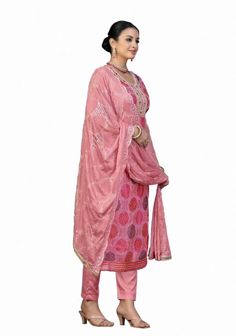 Peach Printed Organza Straight Kurta Set - Indya