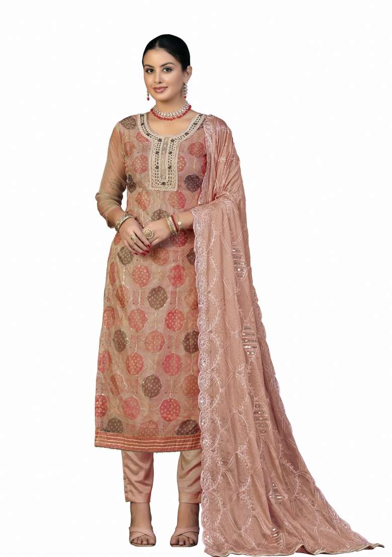 Rust Jacquard Organza Straight Kurta Set - Indya