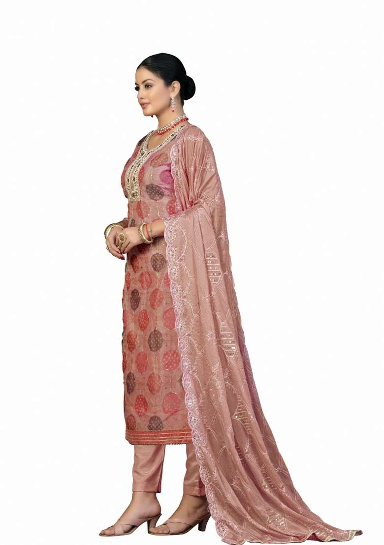 Rust Jacquard Organza Straight Kurta Set - Indya