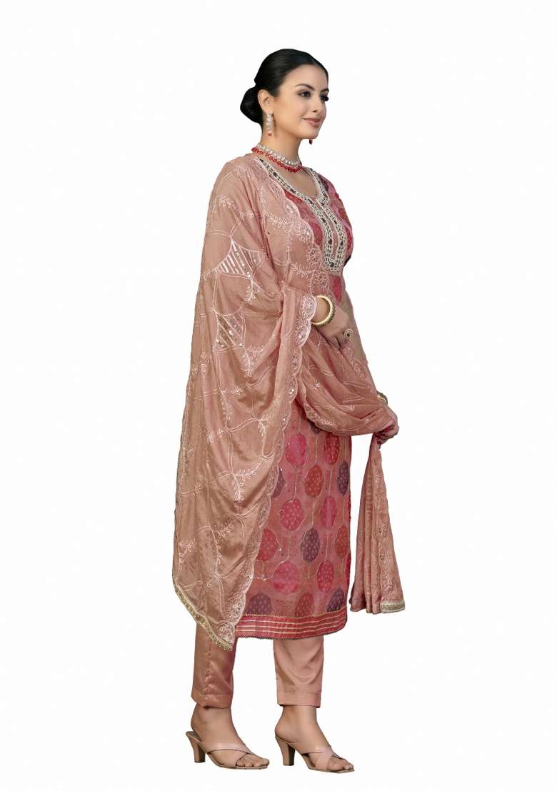 Rust Jacquard Organza Straight Kurta Set - Indya