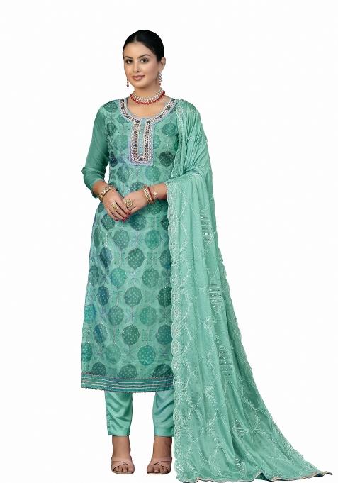 Sea Green Printed Organza Straight Kurta Set