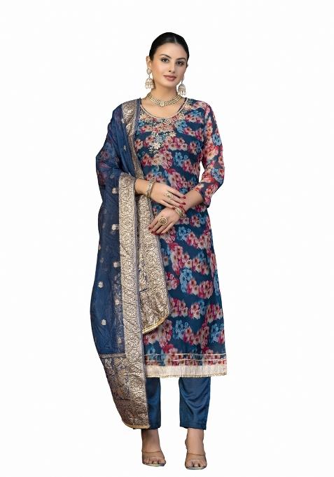 Multicolor Embroidered Oragnza Dress Material