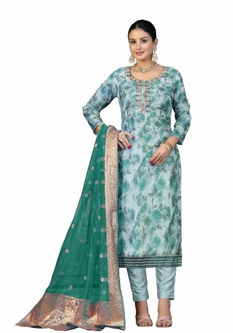 Multicolor Embroidered Oragnza Dress Material