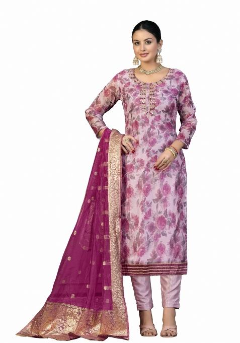 Multicolor Embroidered Oragnza Dress Material