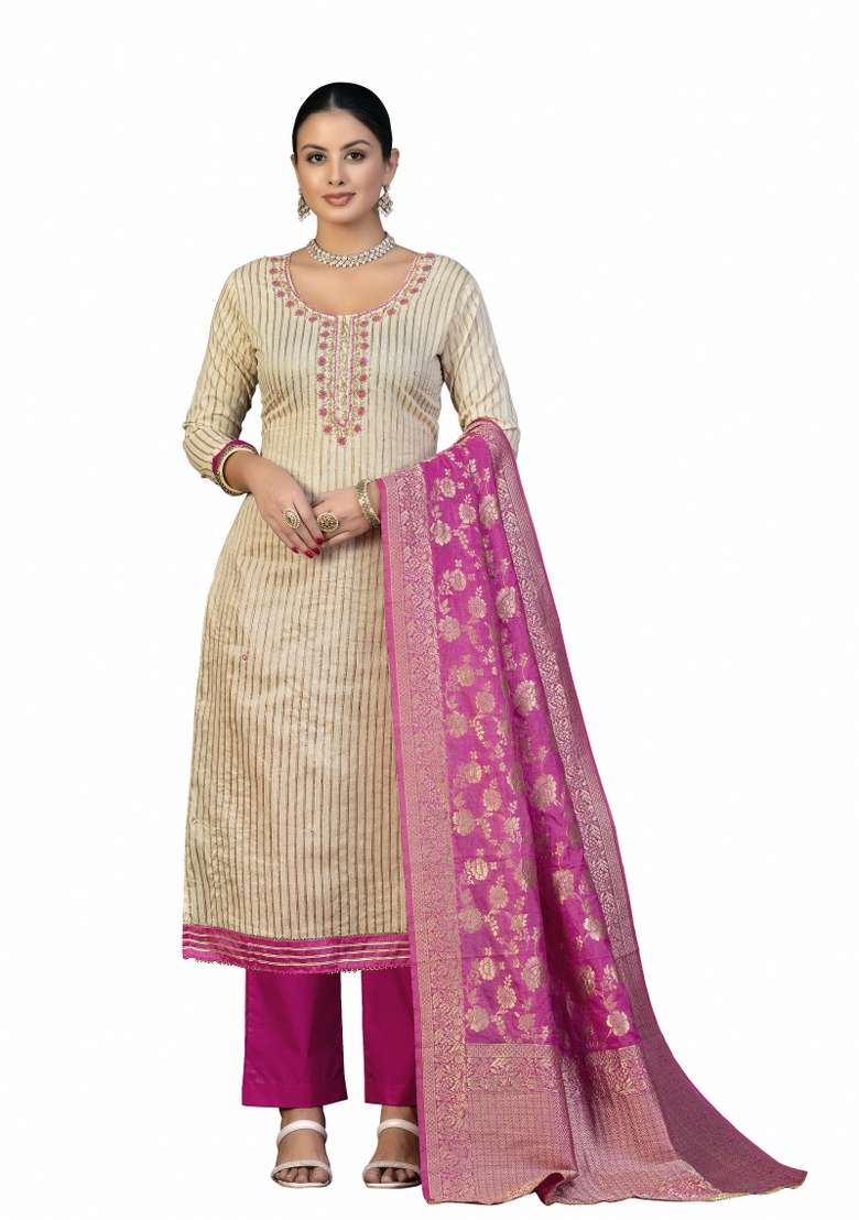 Beige Embroidered Cotton Blend Dress Material - Indya