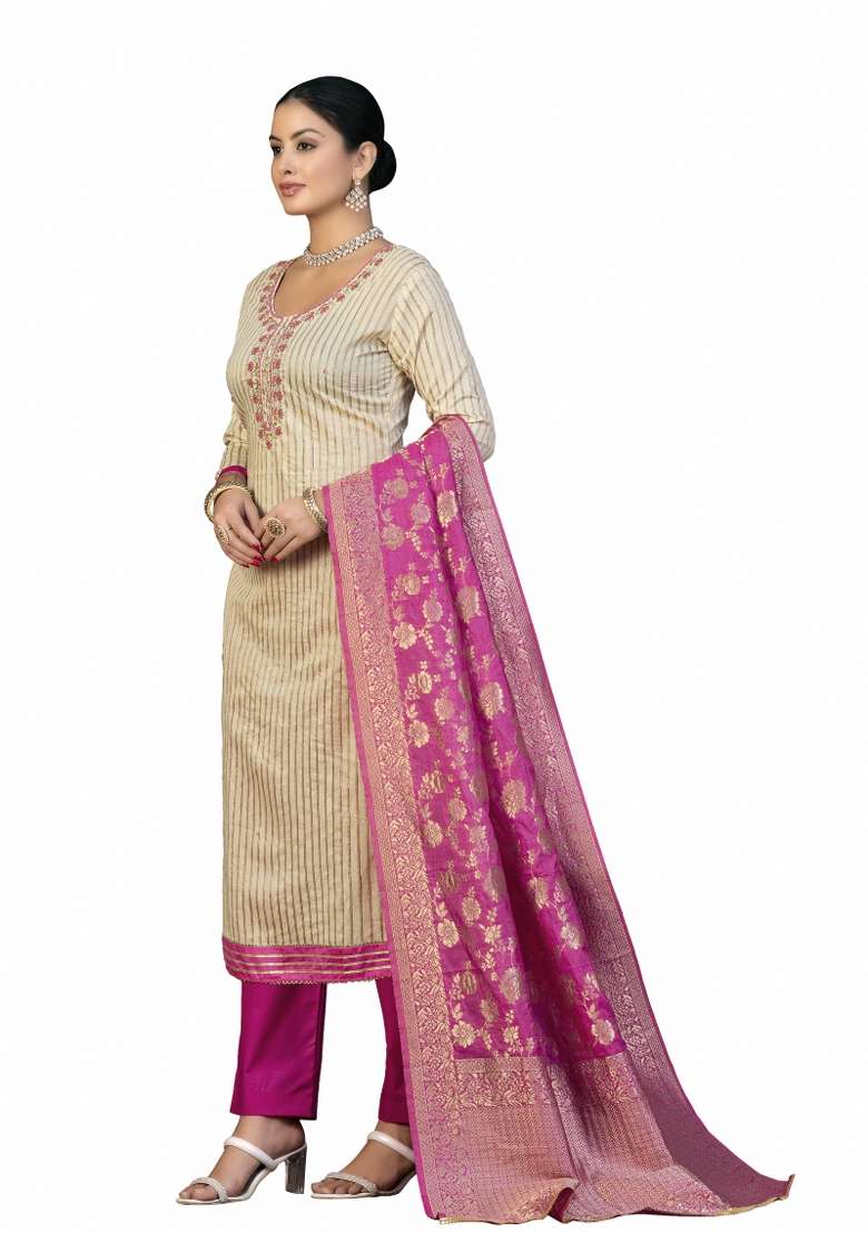 Beige Embroidered Cotton Blend Dress Material - Indya