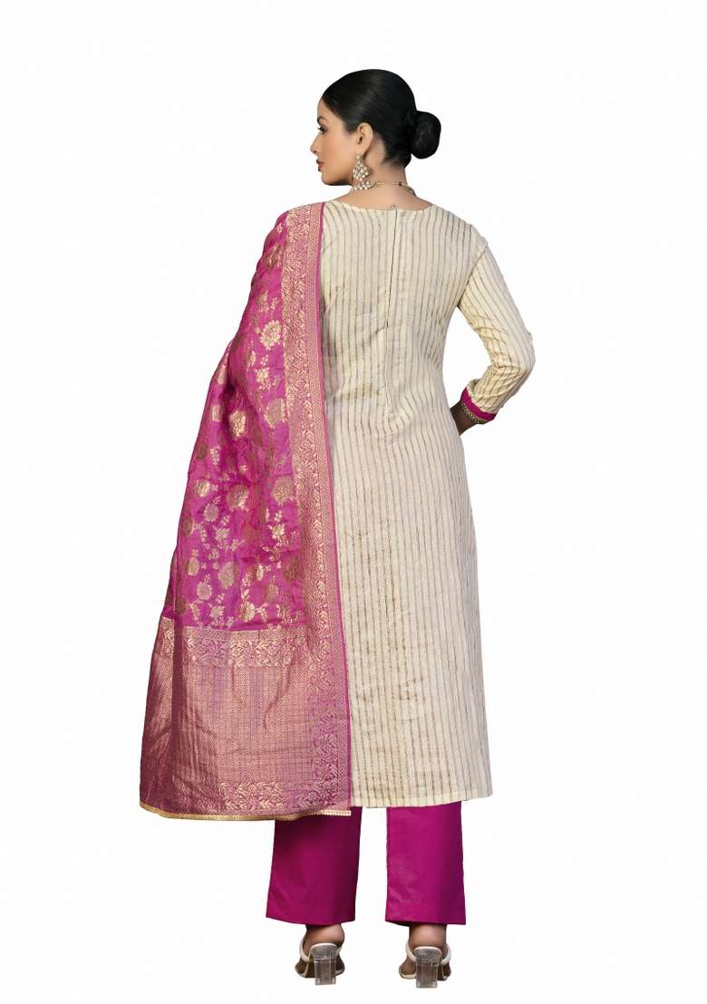 Beige Embroidered Cotton Blend Dress Material - Indya