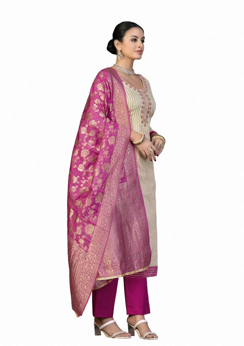 Beige Embroidered Cotton Blend Dress Material - Indya