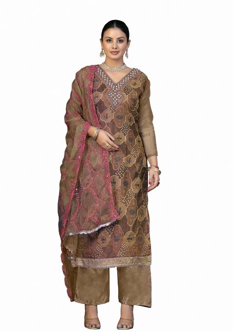 Multicolor Embroidered Oragnza Dress Material