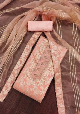 Peach Embroidered Jacquard Dress Material