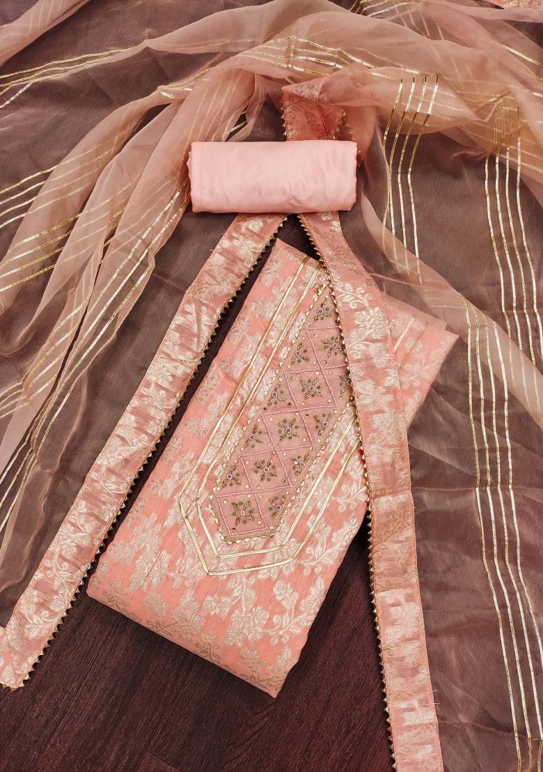 Peach Embroidered Jacquard Dress Material