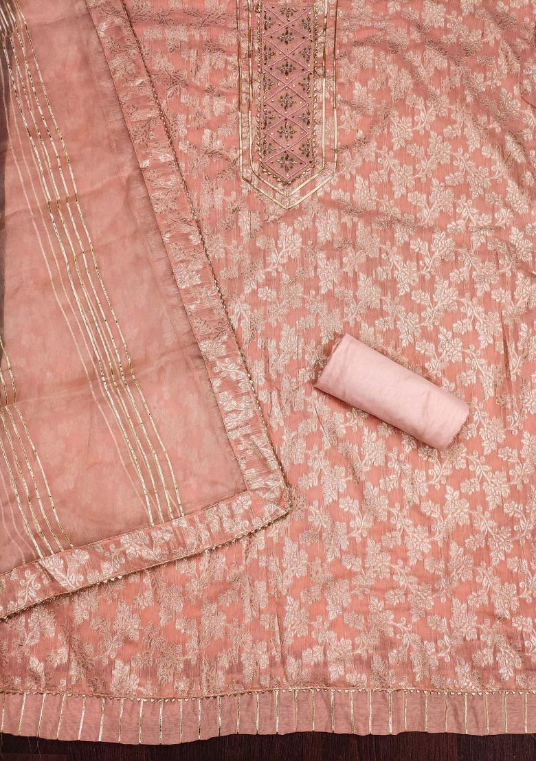 Peach Embroidered Jacquard Dress Material