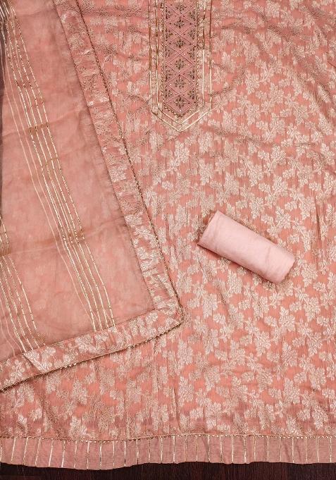 Peach Embroidered Jacquard Dress Material