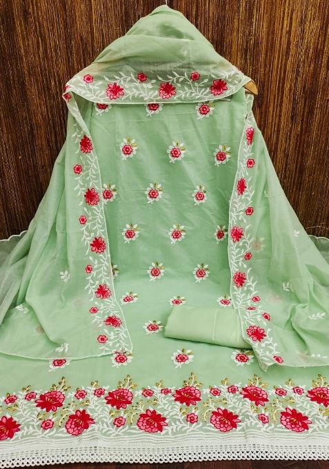 Green Embroidered Blended Straight Kurta Set
