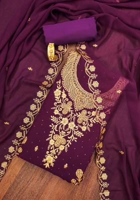 Purple Embroidered Georgette Straight Kurta Set