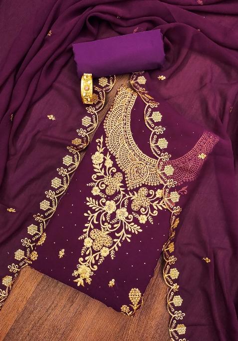 Purple Embroidered Georgette Straight Kurta Set