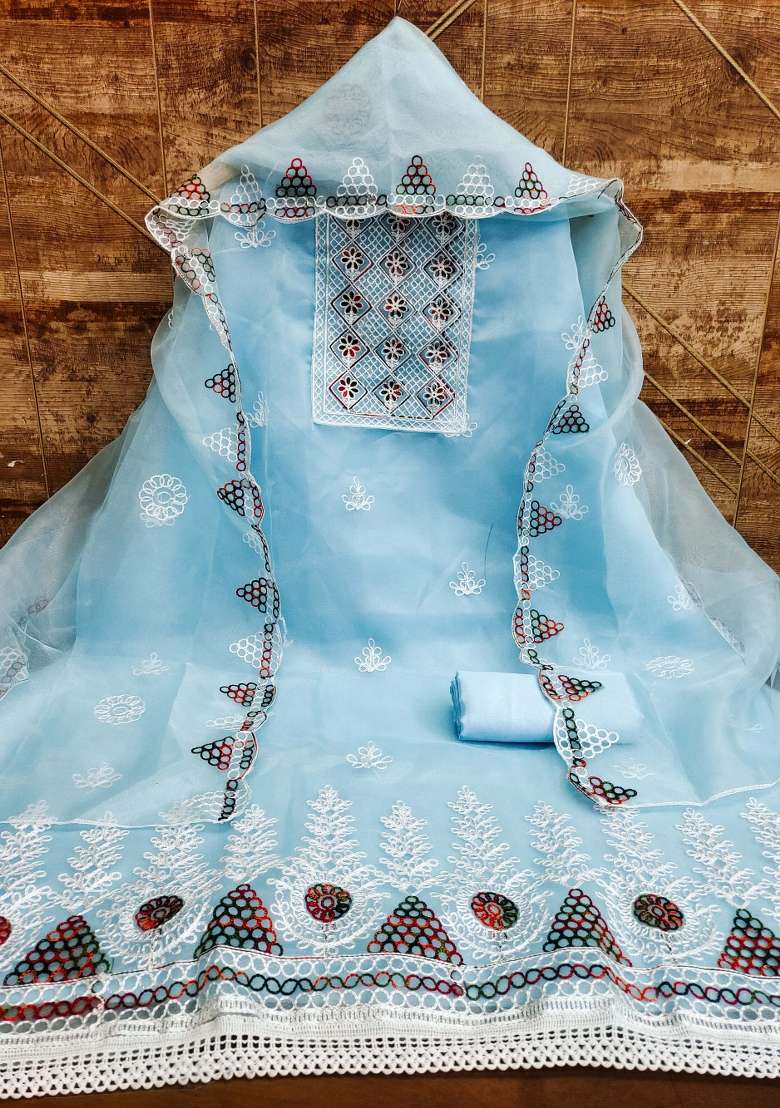 Sky Blue Embroidered Oragnza Dress Material - Indya
