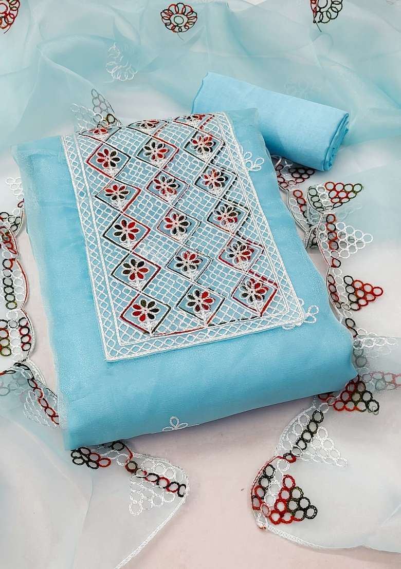 Sky Blue Embroidered Oragnza Dress Material - Indya