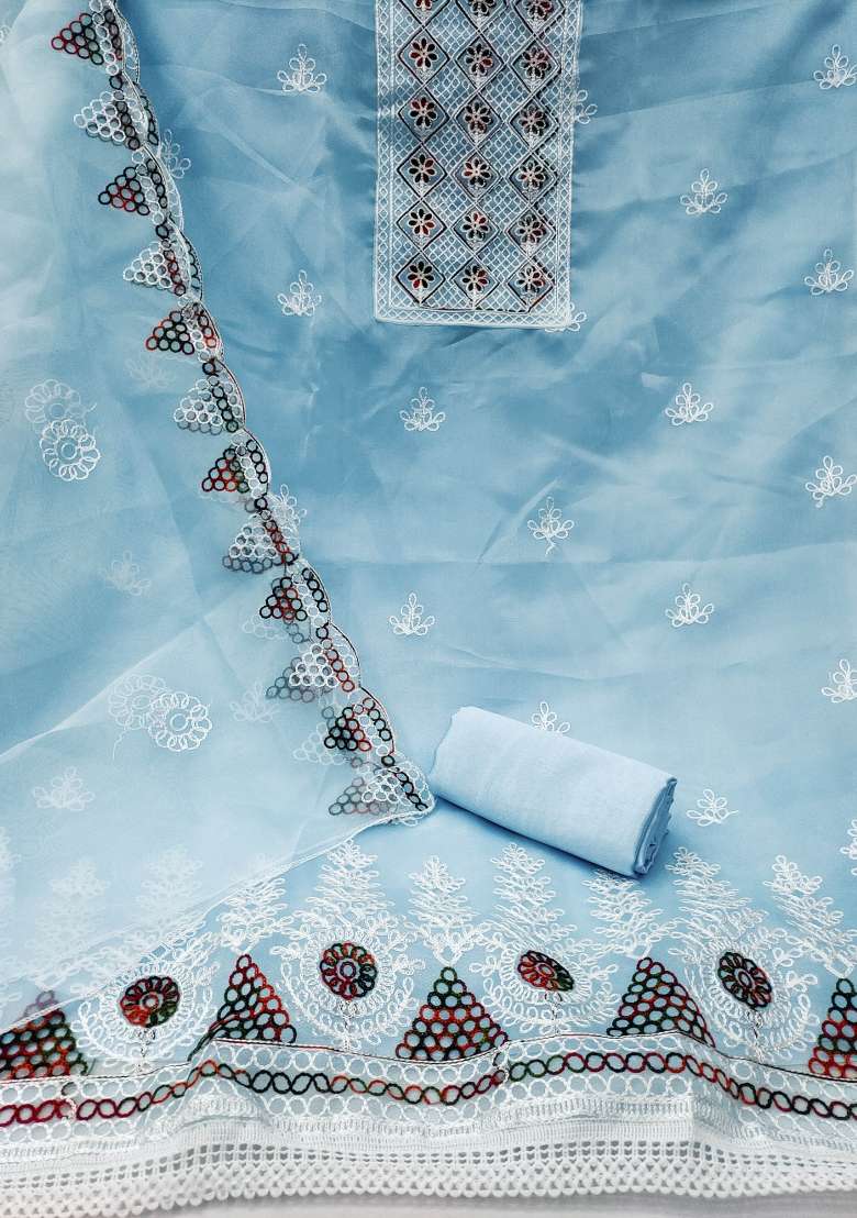 Sky Blue Embroidered Oragnza Dress Material - Indya