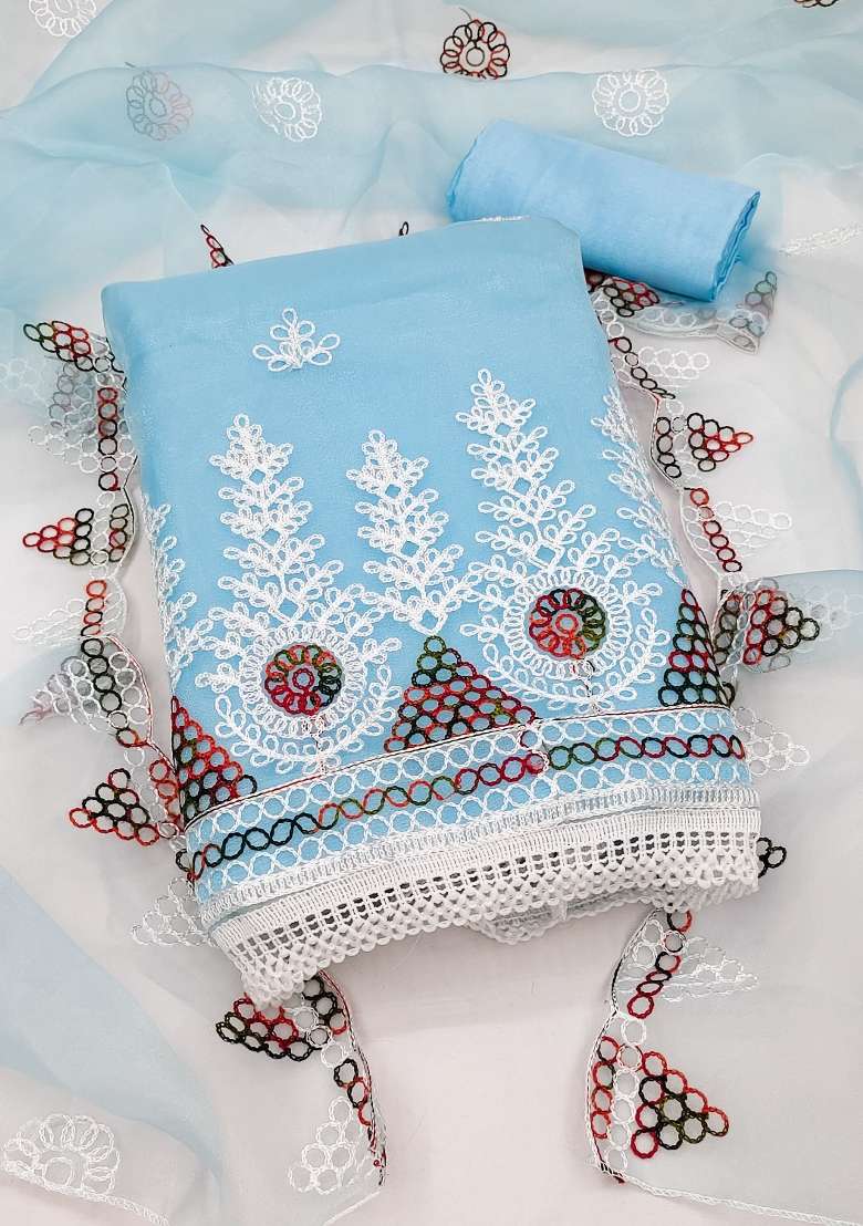 Sky Blue Embroidered Oragnza Dress Material - Indya