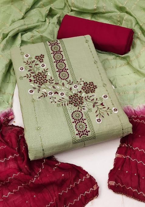 Green Embroidered Blended Straight Kurta Set