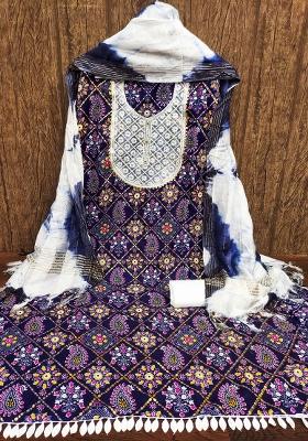 Blue Embroidered Cotton Blend Dress Material