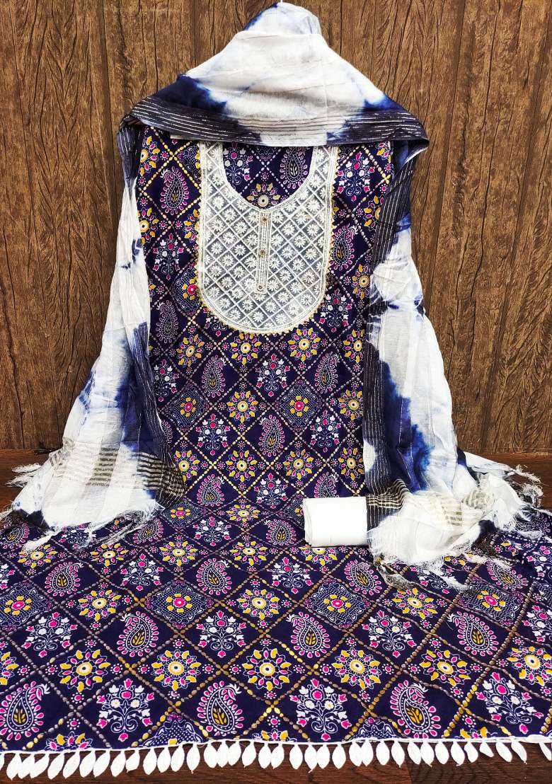Blue Printed Blended Straight Kurta Set - Indya