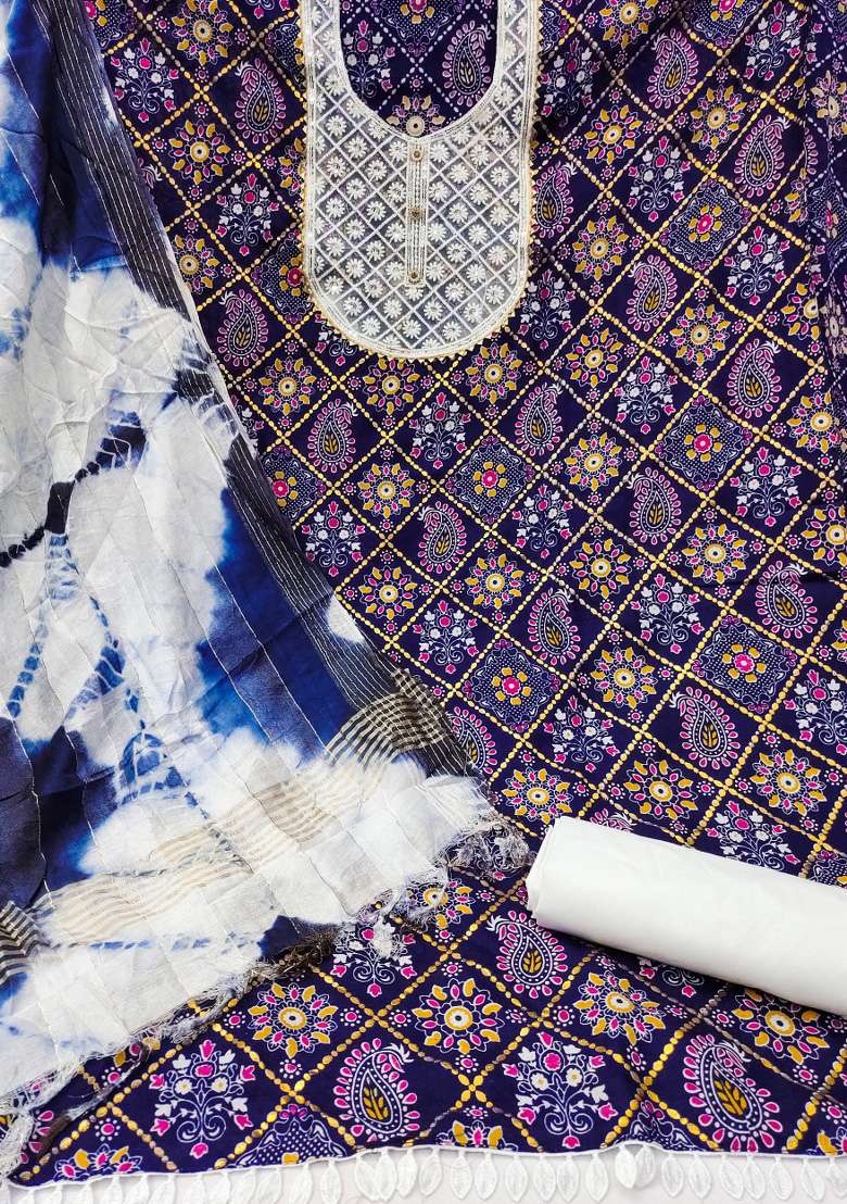 Blue Printed Blended Straight Kurta Set - Indya