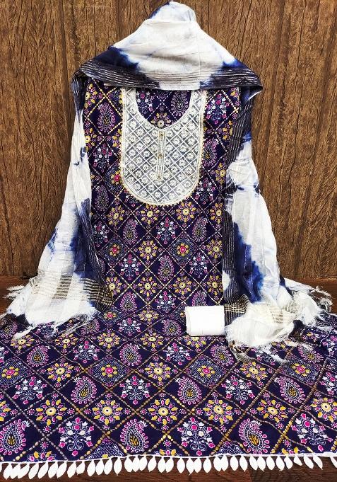 Blue Printed Blended Straight Kurta Set