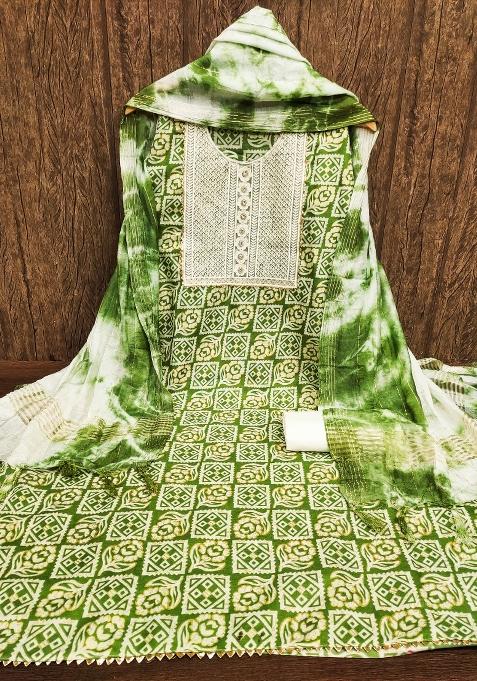 Green Tie And Dye Blended Straight Kurta Set