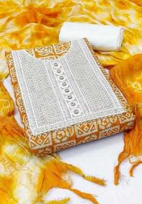 Orange Embroidered Cotton Blend Dress Material