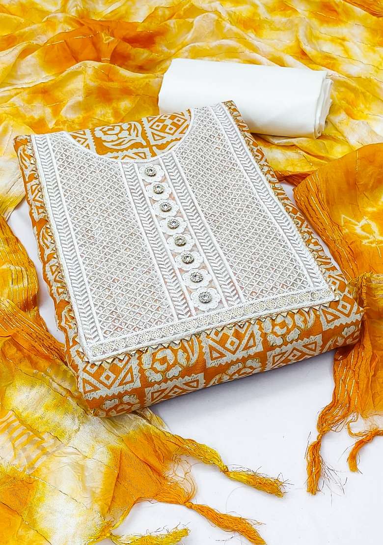 Orange Embroidered Cotton Blend Dress Material - Indya