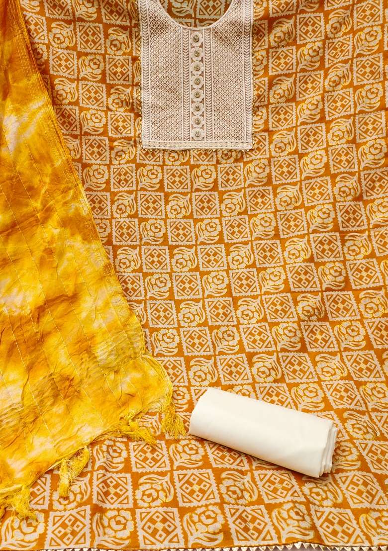 Orange Embroidered Cotton Blend Dress Material - Indya