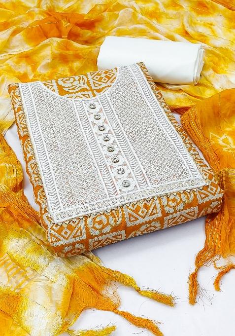 Orange Embroidered Cotton Blend Dress Material