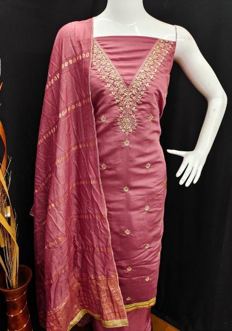 Pink Embroidered Blended Straight Kurta Set