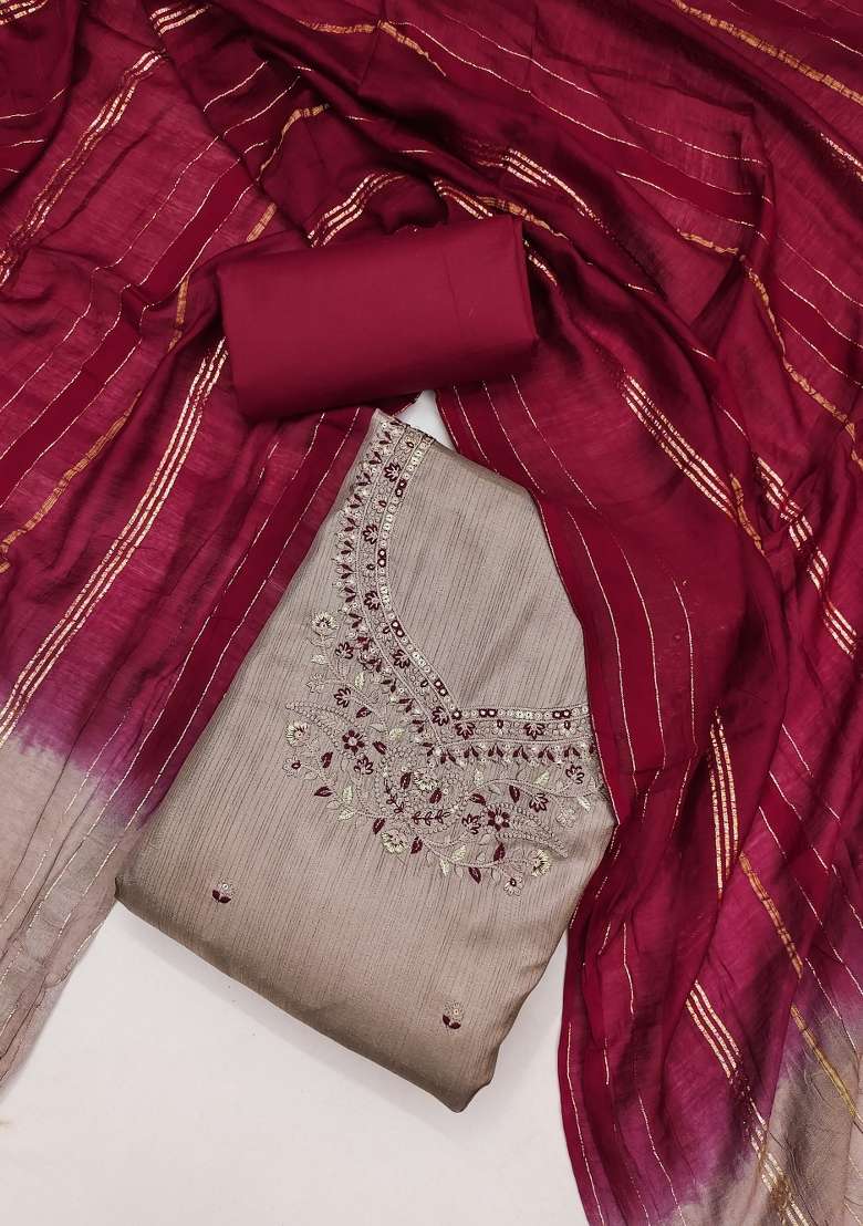 Grey Embroidered Silk Blend Straight Kurta Set - Indya