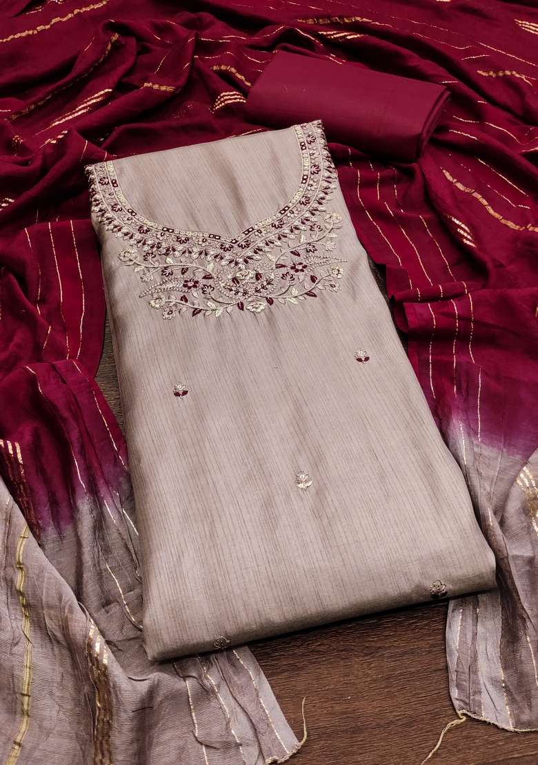 Grey Embroidered Silk Blend Straight Kurta Set - Indya
