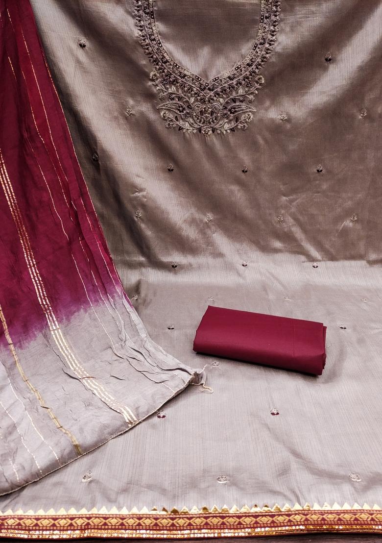 Grey Embroidered Silk Dress Material - Indya