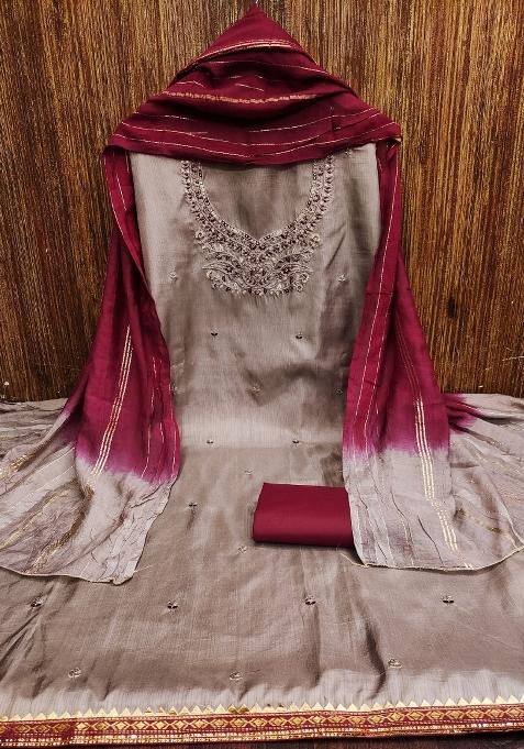 Grey Embroidered Silk Dress Material