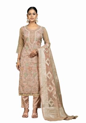 Peach Embroidered Oragnza Dress Material