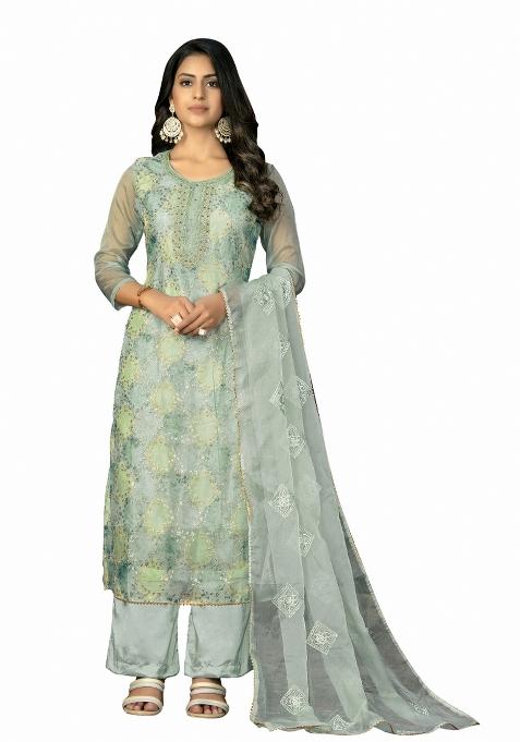 Multicolor Embroidered Oragnza Dress Material