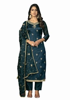 Teal Blue Embroidered Oragnza Dress Material