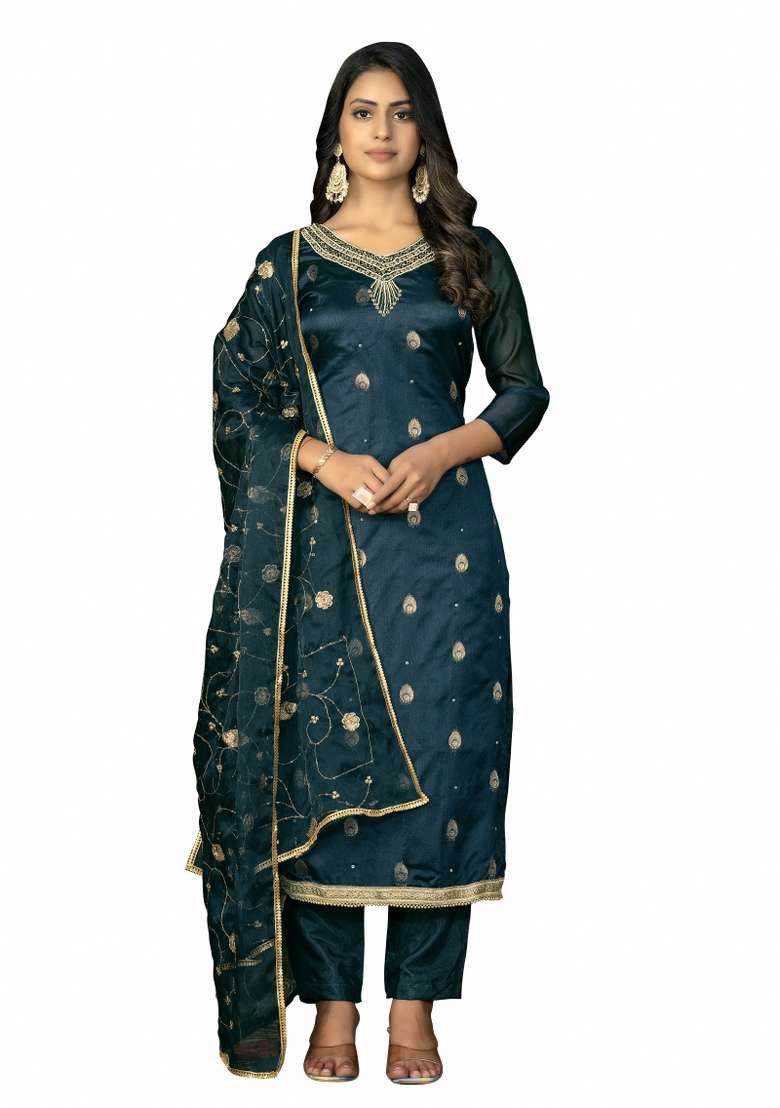 Teal Blue Embroidered Organza Straight Kurta Set - Indya
