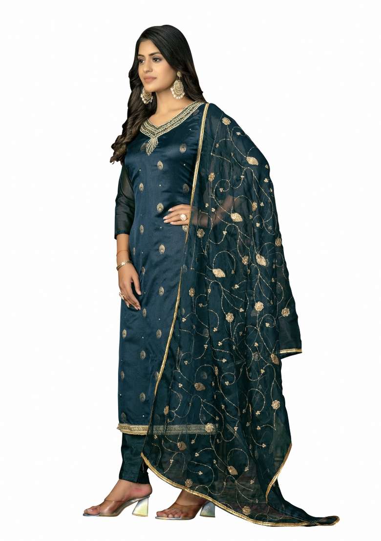 Teal Blue Embroidered Organza Straight Kurta Set - Indya