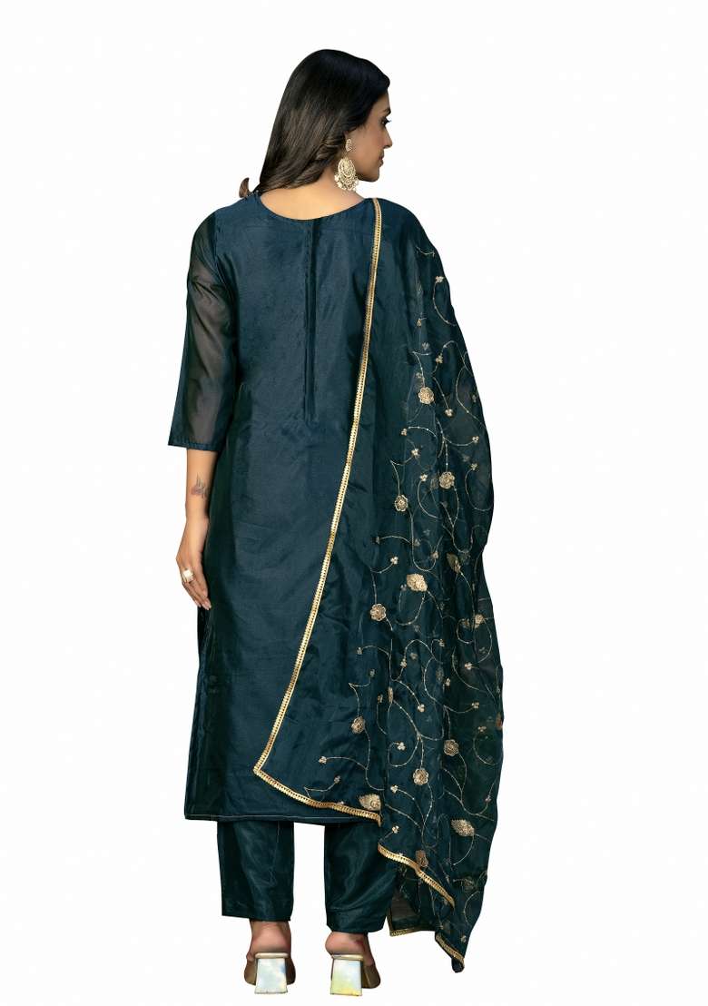 Teal Blue Embroidered Organza Straight Kurta Set - Indya