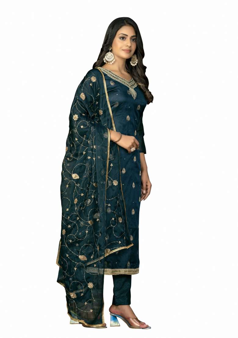 Teal Blue Embroidered Organza Straight Kurta Set - Indya
