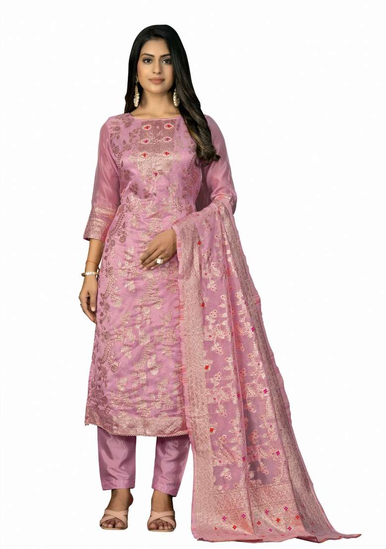 Pink Embroidered Jacquard Dress Material - Indya