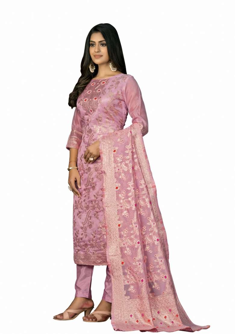 Pink Embroidered Jacquard Dress Material - Indya