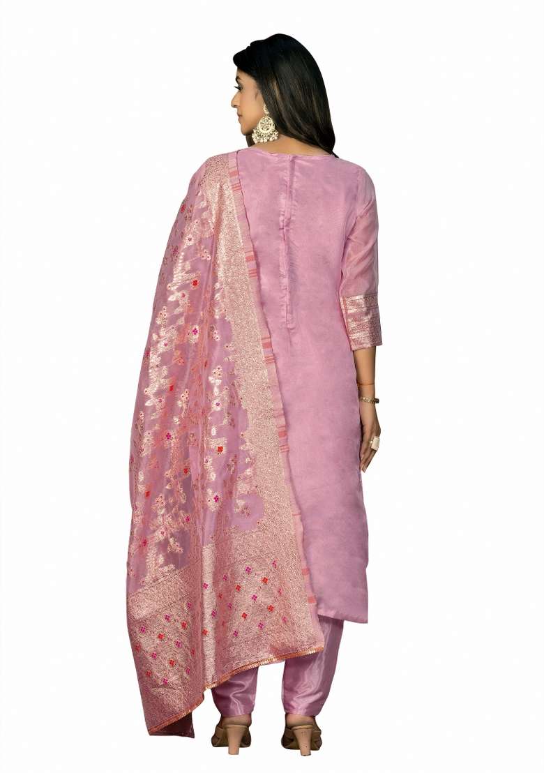 Pink Embroidered Jacquard Dress Material - Indya